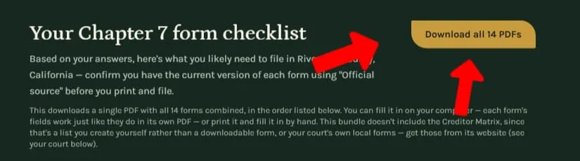 The top of the Chapter 7 form checklist with the Download all 14 PDFs button