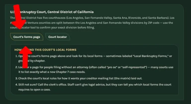 The court card for the Central District of California with the Court’s forms page button