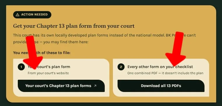 The Action needed box with a button for the court’s Chapter 13 plan forms and a button to download the other 13 PDFs