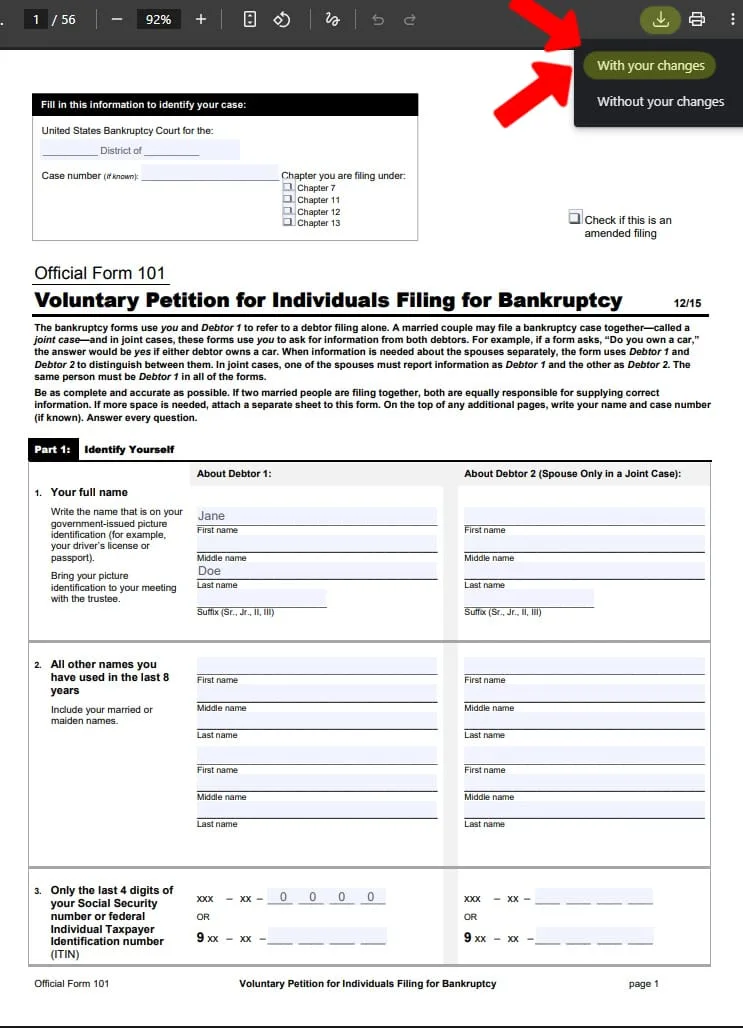 Form 101 with a name typed in, and the PDF viewer’s download menu showing With your changes and Without your changes