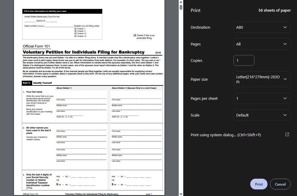 The browser’s print dialog with the forms ready to print